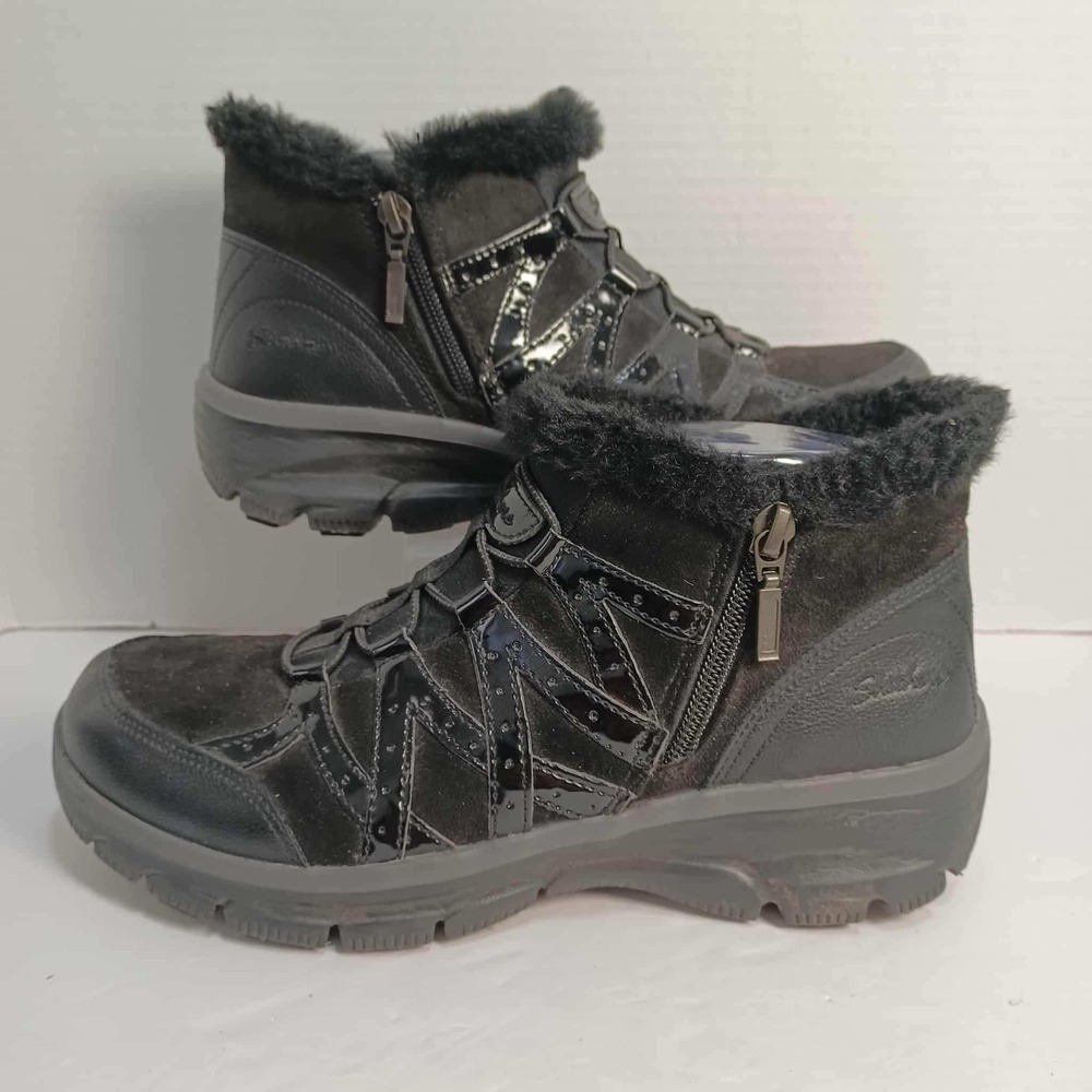 Skechers Relaxed Fit Black Ankle Boots Womens Size‎ 8 Side Zip Faux Fur
